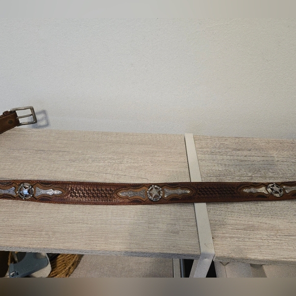 Vintage Justins Odessa Star Silver Texas Ranger Brown Leather Belt Mens Size 44 - Picture 3 of 9